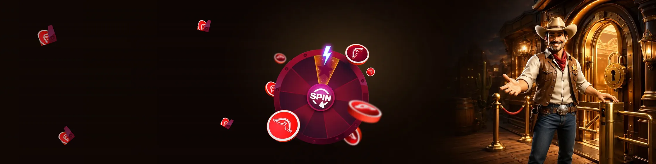 Real Spin cowboy bij de gouden saloondeur met prijzenrad